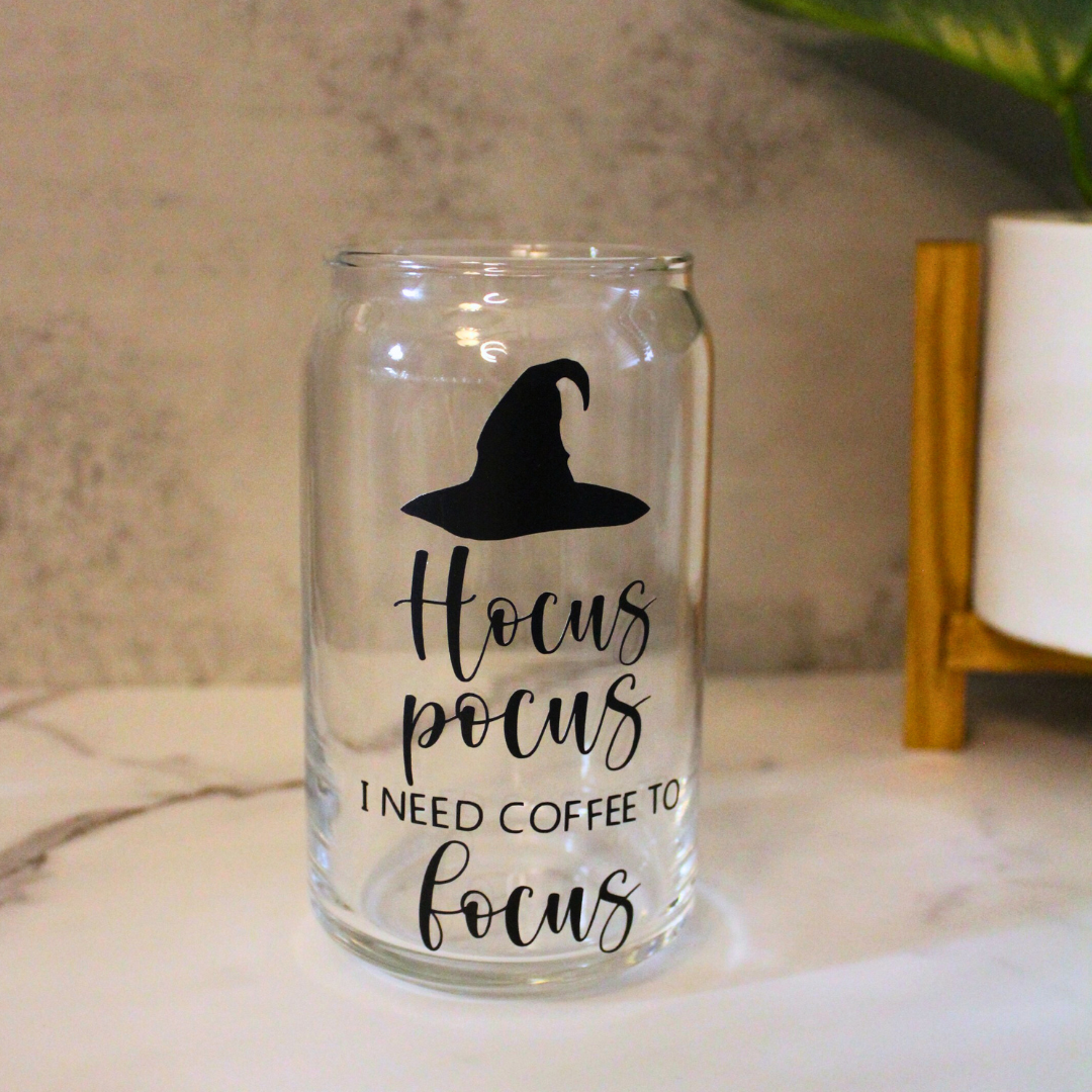 Hocus Pocus I need Coffee to Focus Libbey Can Glass