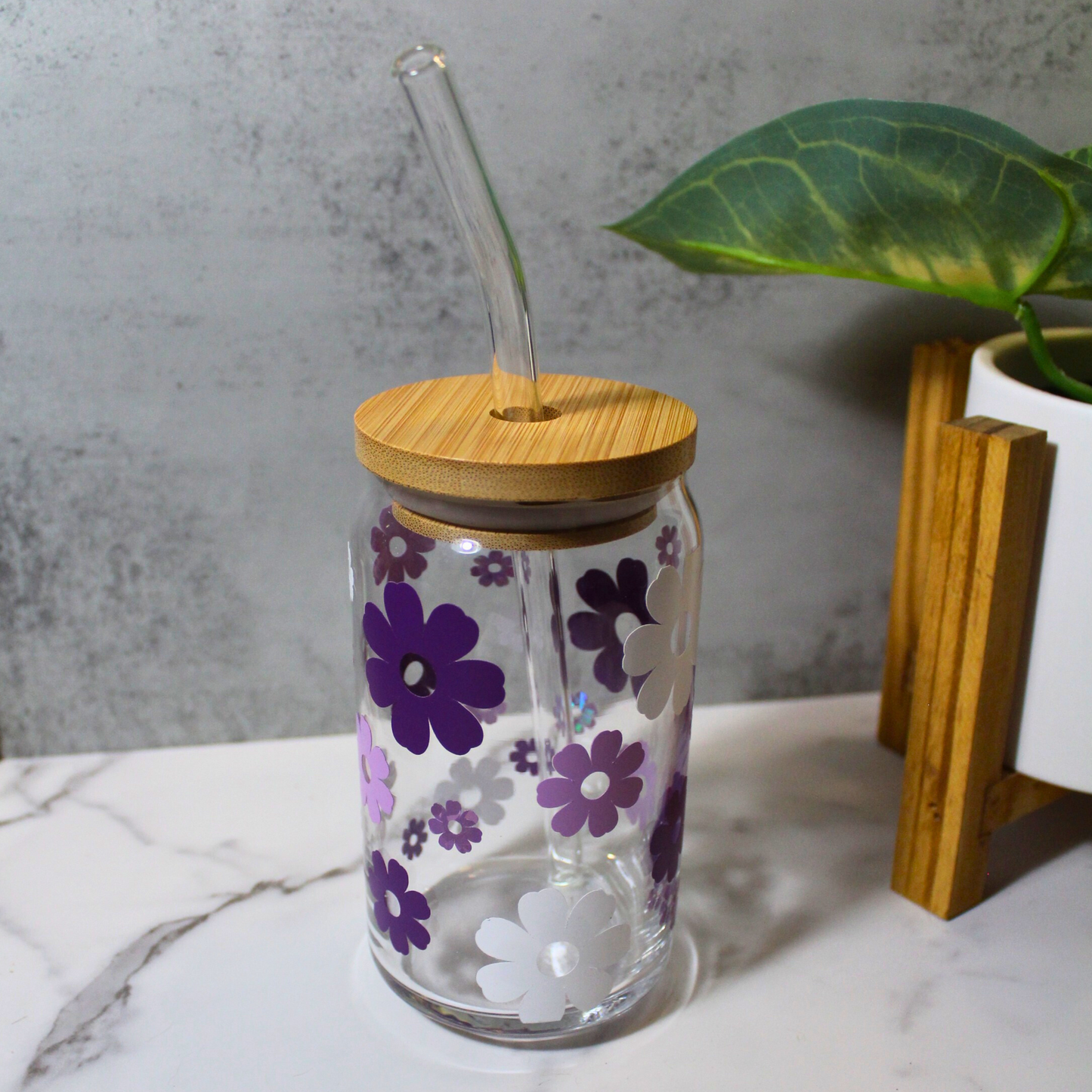 Purple Flowers 16oz Libbey Can Glass