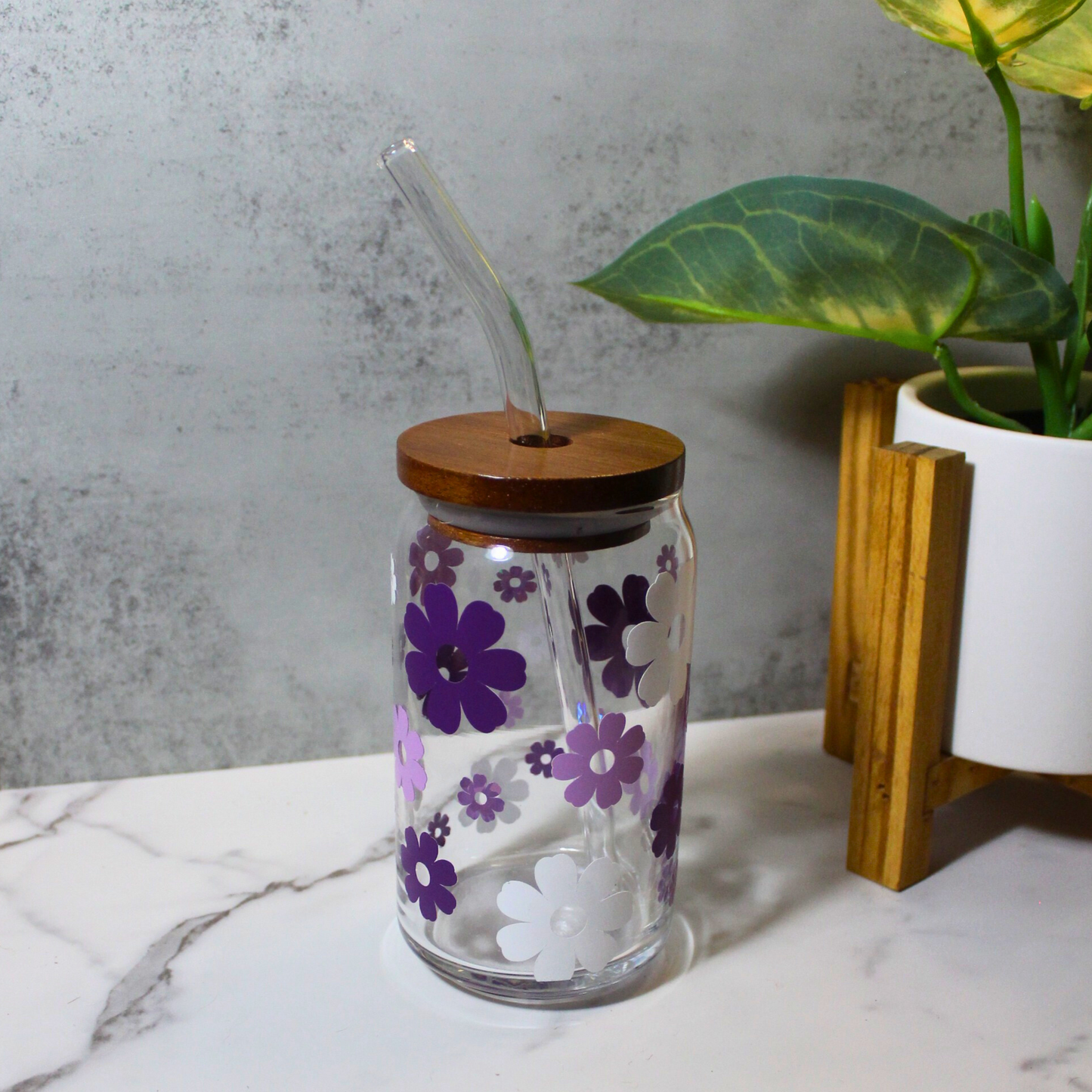 Purple Flowers 16oz Libbey Can Glass