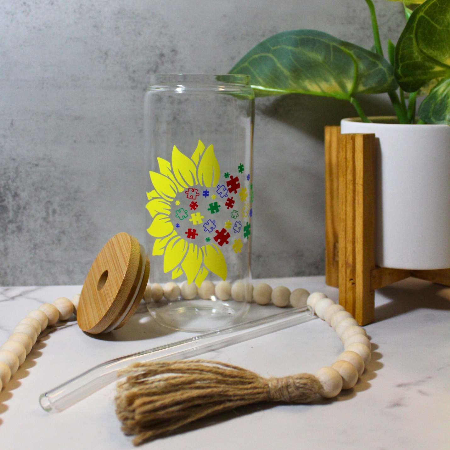 Sunflower with Puzzle Pieces Libbey Can Glass