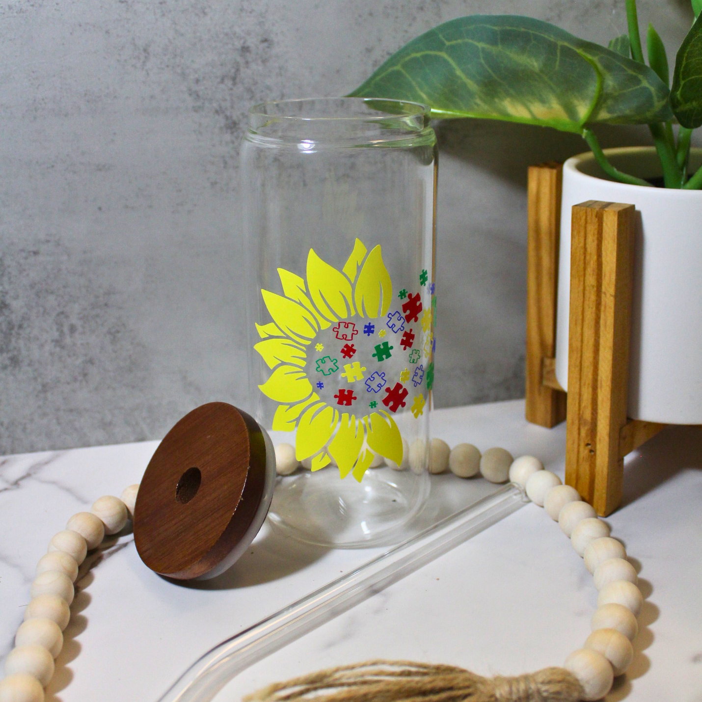 Sunflower with Puzzle Pieces Libbey Can Glass