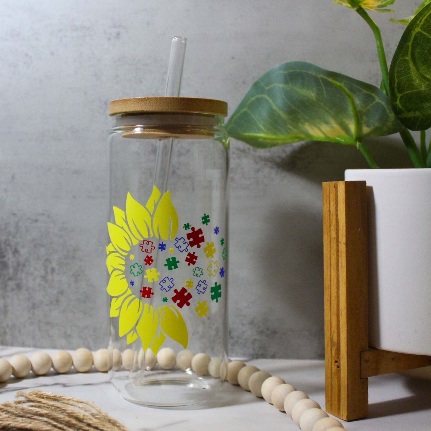 Sunflower with Puzzle Pieces Libbey Can Glass