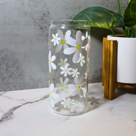 White Daisys Libbey Can Glass