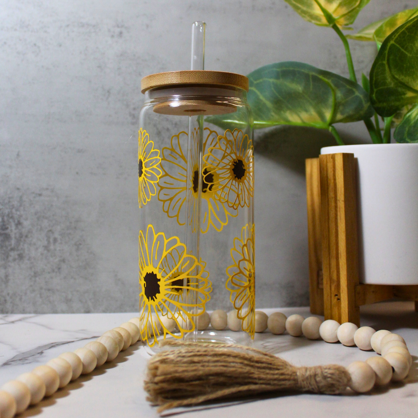 Yellow Flower Libbey Can Glass
