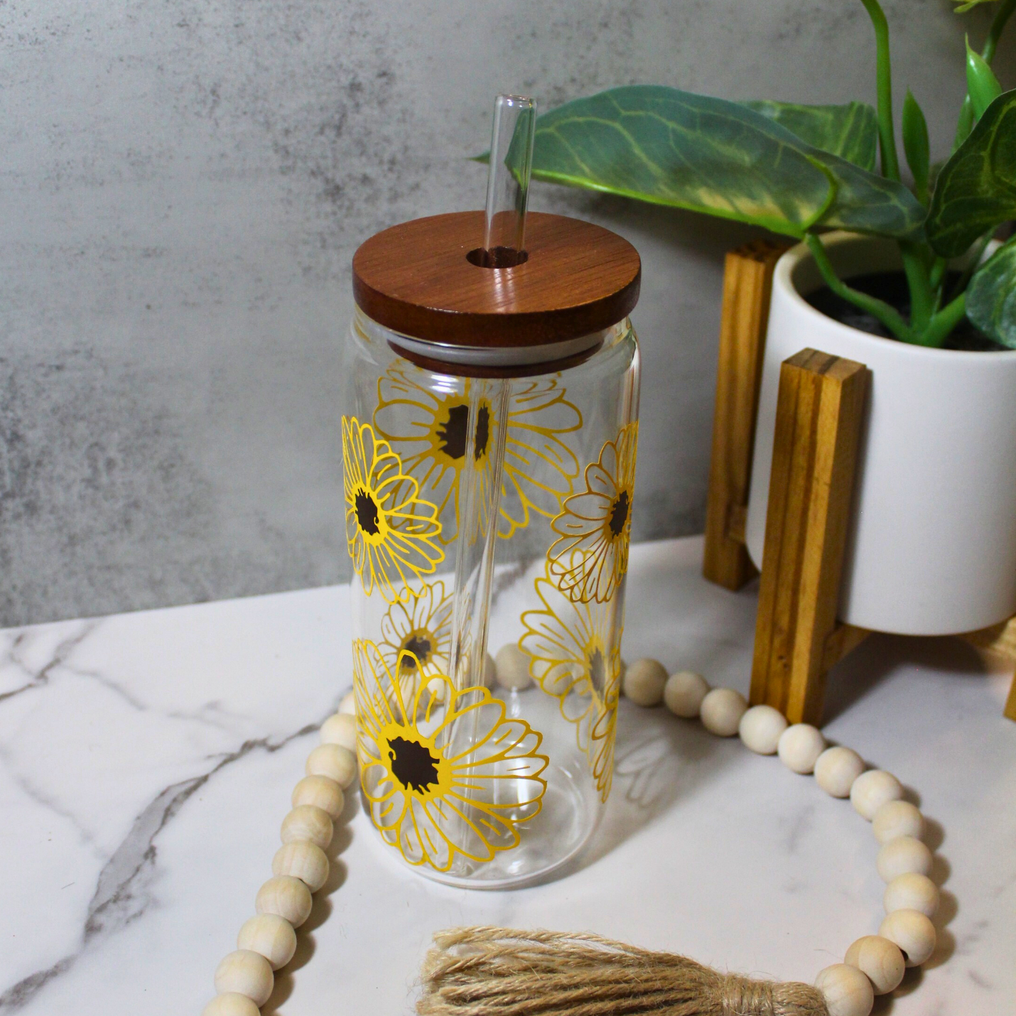 Yellow Flower Libbey Can Glass