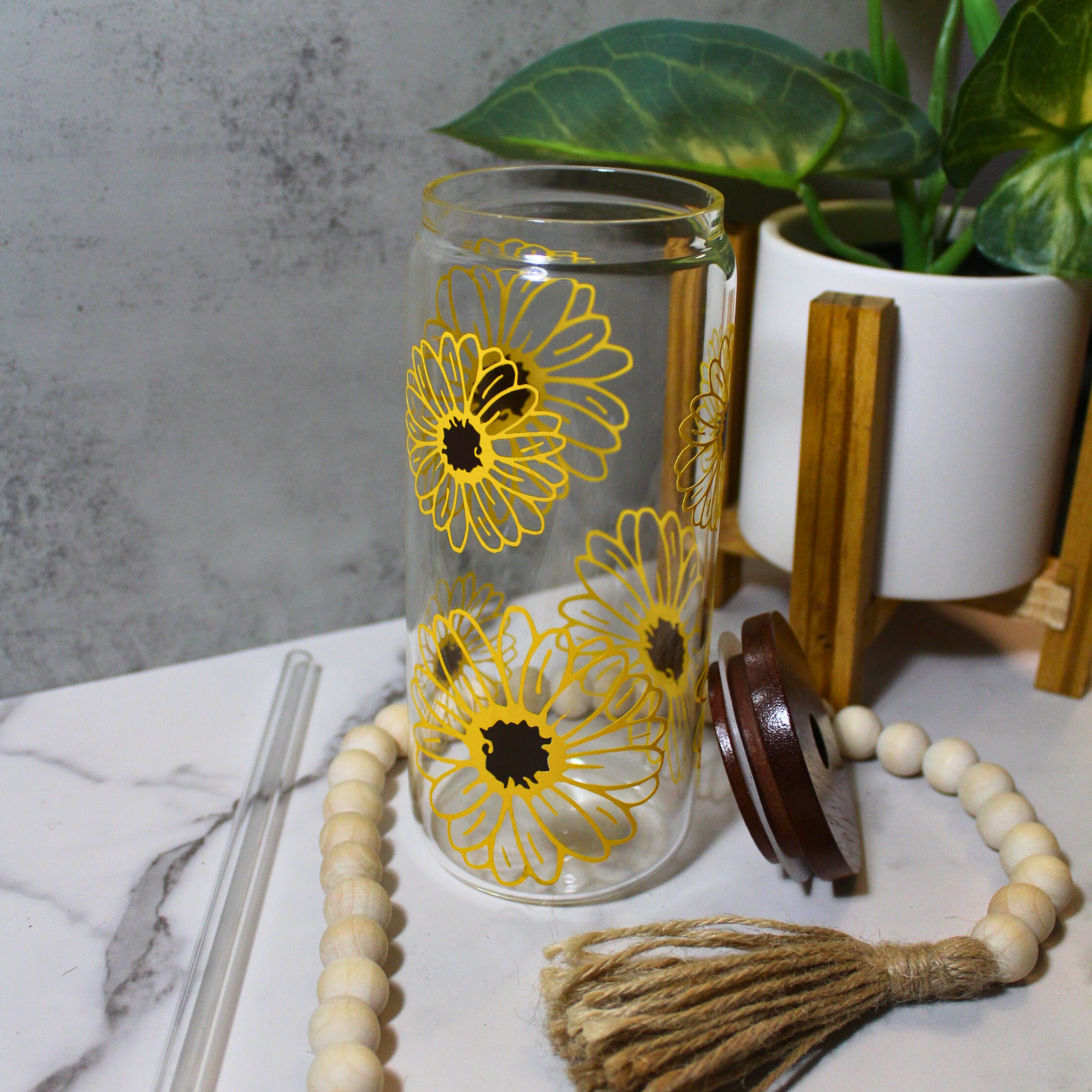Yellow Flower Libbey Can Glass