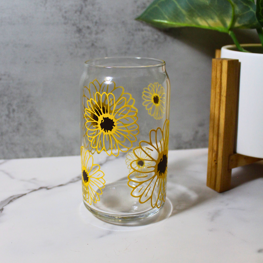 Yellow Flowers 16oz Libbey Can Glass