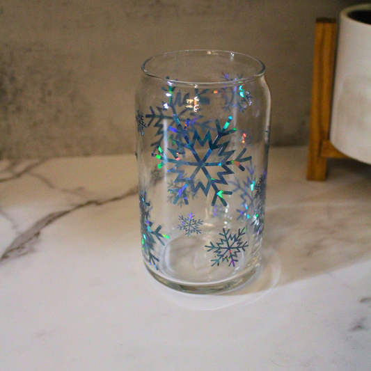 Blue Holographic Snowflakes Libbey Can Glass