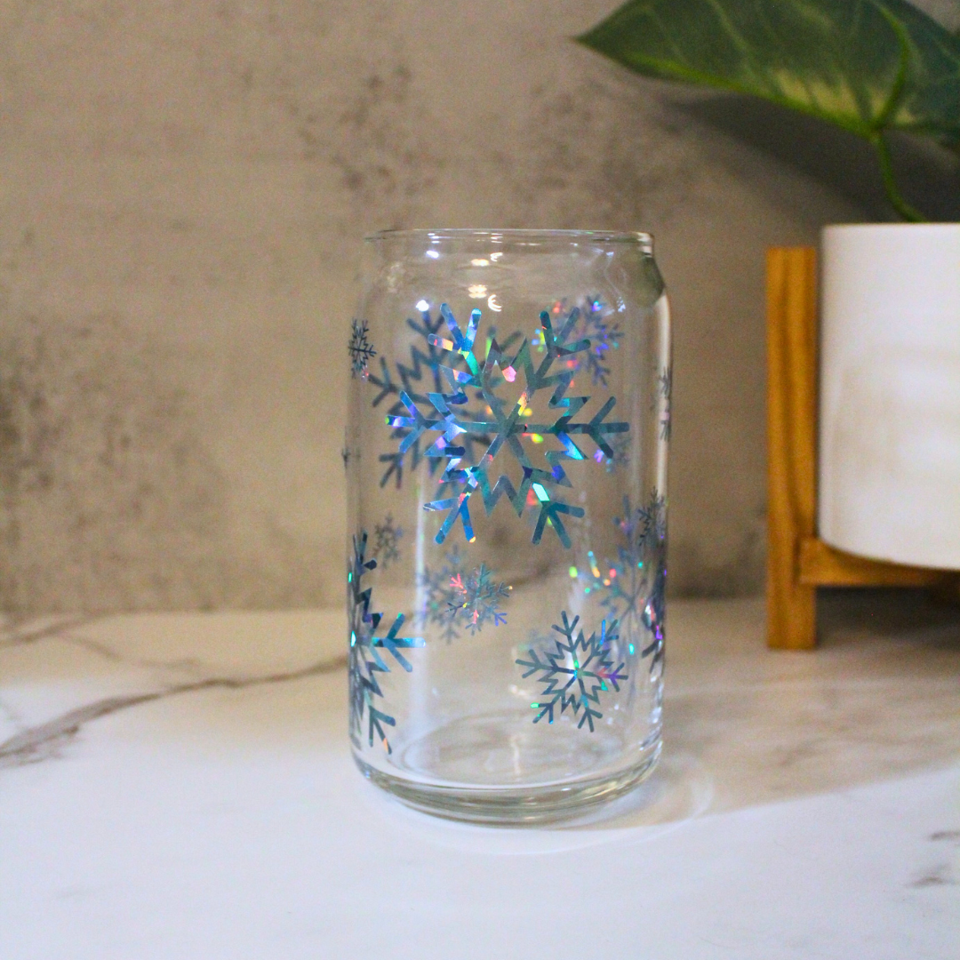 Blue Holographic Snowflakes Libbey Can Glass