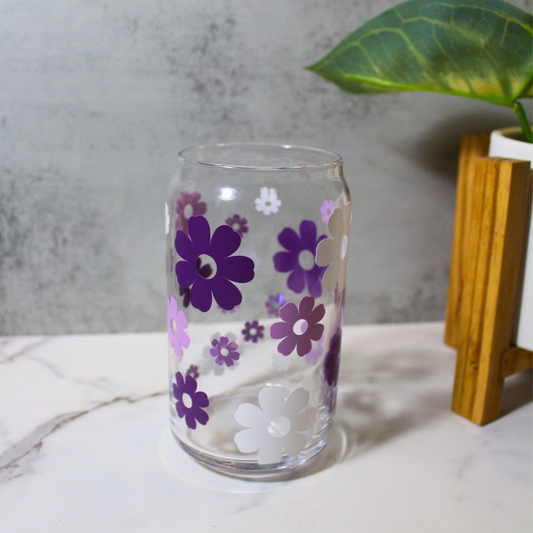 Purple Flowers 16oz Libbey Can Glass